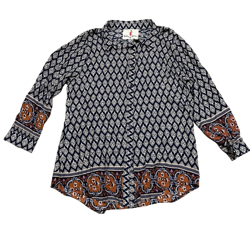 Boho Jane Christiana Women's Lg‎ Navy White Orange Print Button Up Shirt Indie